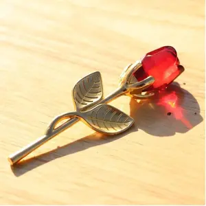 Red Crystal Rose Flower Figurine, Gold/Silver Tone Eternal Rose Gift for Her