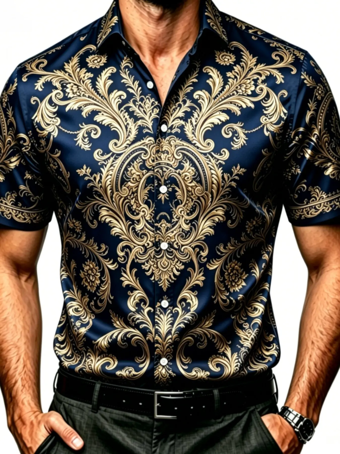 Luxury Classic Floral Satin Baroque Print Casual Design Short Sleeve Shirt Top, Slim-Fitting Festive Holiday Style, Solid Pattern, Mainland China