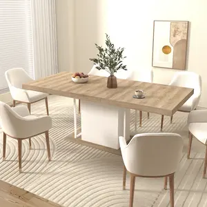 Extendable rectangular dining table with a sturdy, heavy-duty wooden construction. Seats 6-10. Distressed wood finish. 160-200 cm. Farmhouse Round Dining Table with Metal Base