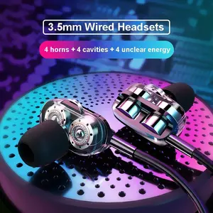 3.5mm HiFi Wired Headphones Quad Core Sport Earphone Dual Driver Bass Stereo Gaming Headset In-Ear Music Earbuds With Microphone Audio Headphone For Sports