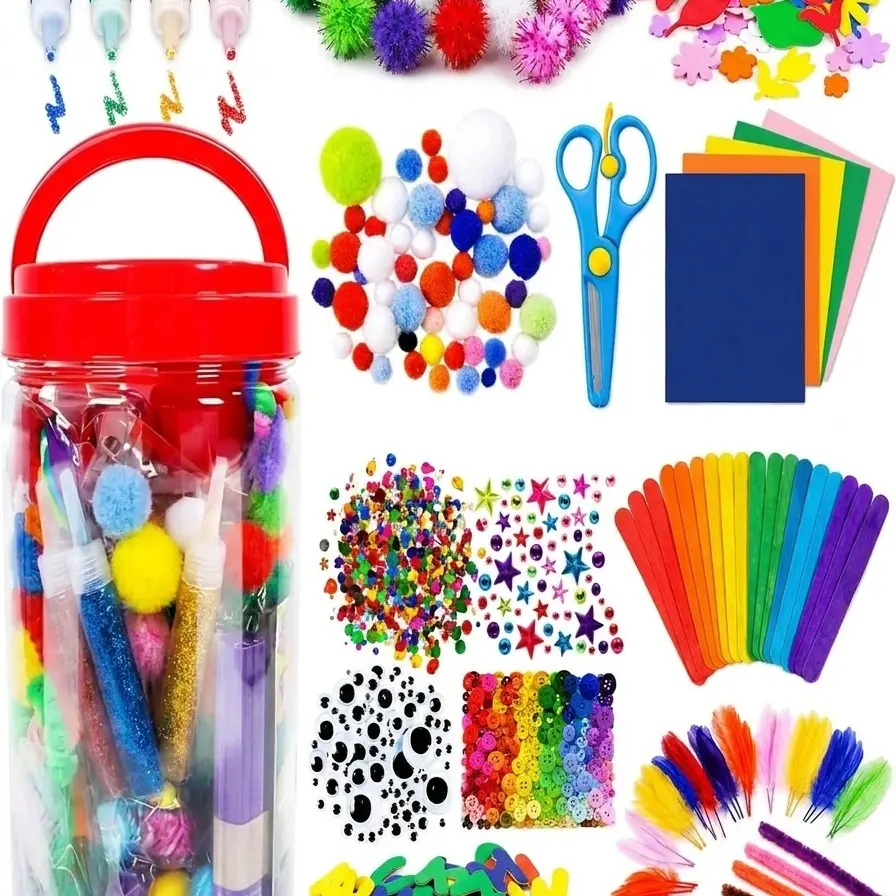 Kids' All-in-1 Colorful Mixed Sewing Craft Kit - 1000+ Pcs Playful DIY Supplies for Classroom, Rainy Days with Pom Poms, Pipe Cleaners, Googly Eyes, Glitter Glue, Foam Shapes, Craft Sticks
