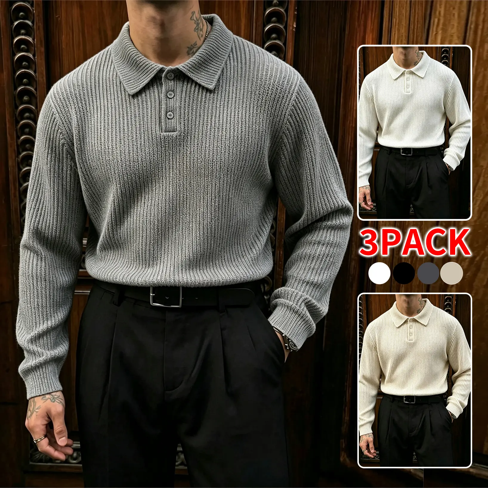 3‑Pack Men's Autumn Winter Ribbed Knit Polo Sweater, Long Sleeve Lapel Collar Button Pullover, Loose Fit Casual Knitwear for Young Men Daily Business Street Going‑Out