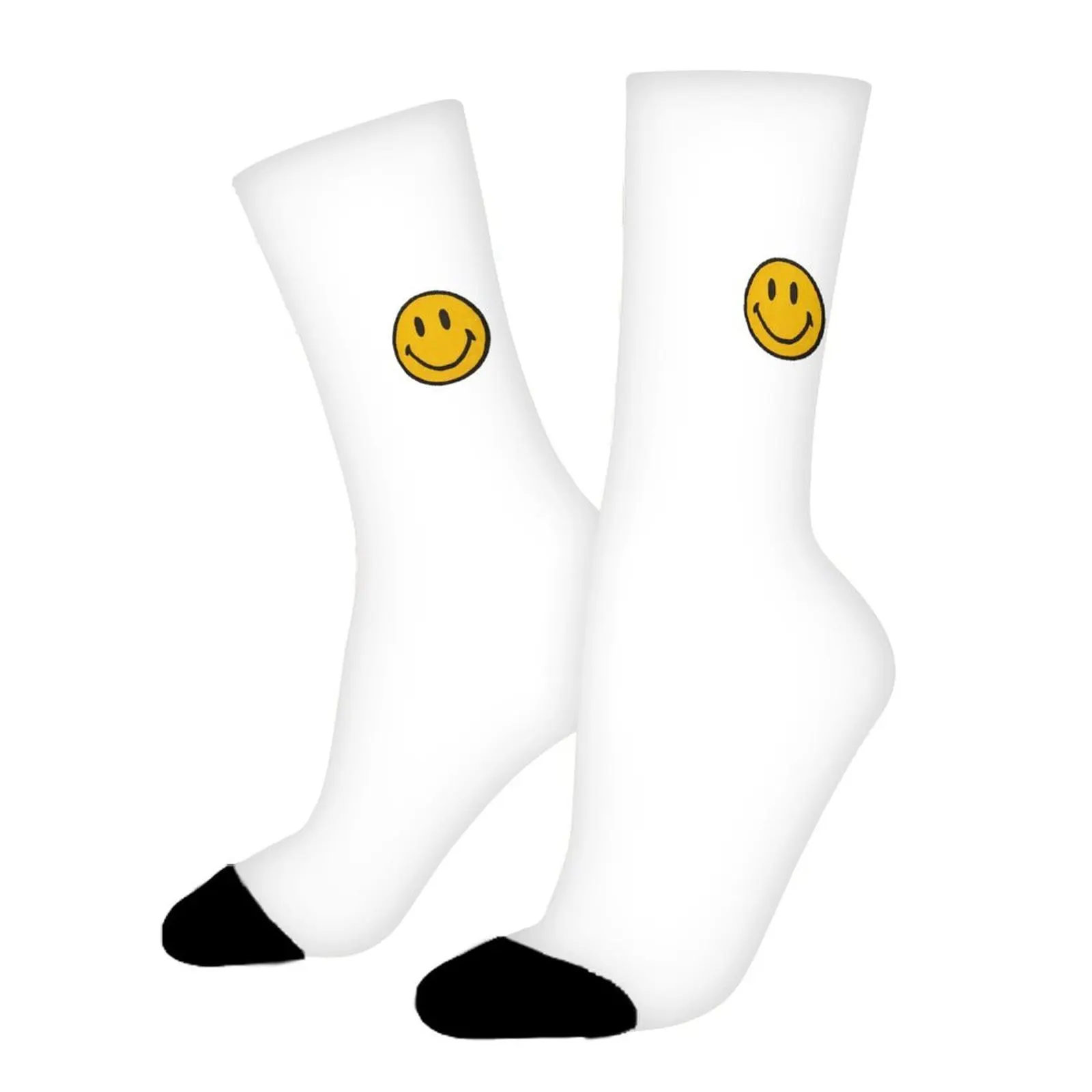 Unisex Minimalist Smiley Face Crew Socks - Casual Classic White Printed Polyester Athletic Socks, Trendy Streetwear Skate Style Comfort Socks for Men and Women, Aesthetic Mid-Calf Daily Novelty Socks