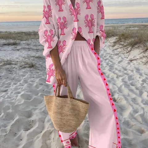 Summer Holiday Lobster Print Casual Two piece Set, Pink lobster print pattern collection, Beach style, Beachwear, Comfortable set, Stylish Wide Leg Two Pieces Set