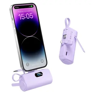 citicr 5000mAh compact and portable charger, cute power pack, built-in iOS plug Type-C cable, digital display screen, stand power bank, suitable for iPhone16/15/14/13/12& Android