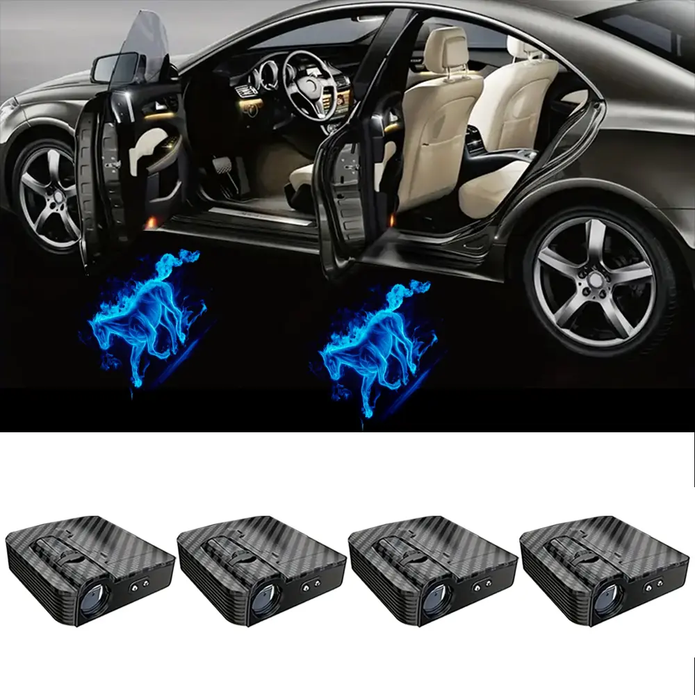 4-Piece Universal Wireless Car Door Welcome Light, Blue Flame Horse, Magic Circle Car Door Projection Light, Car LED Welcome Ambient Light, Easy Installation Car Interio