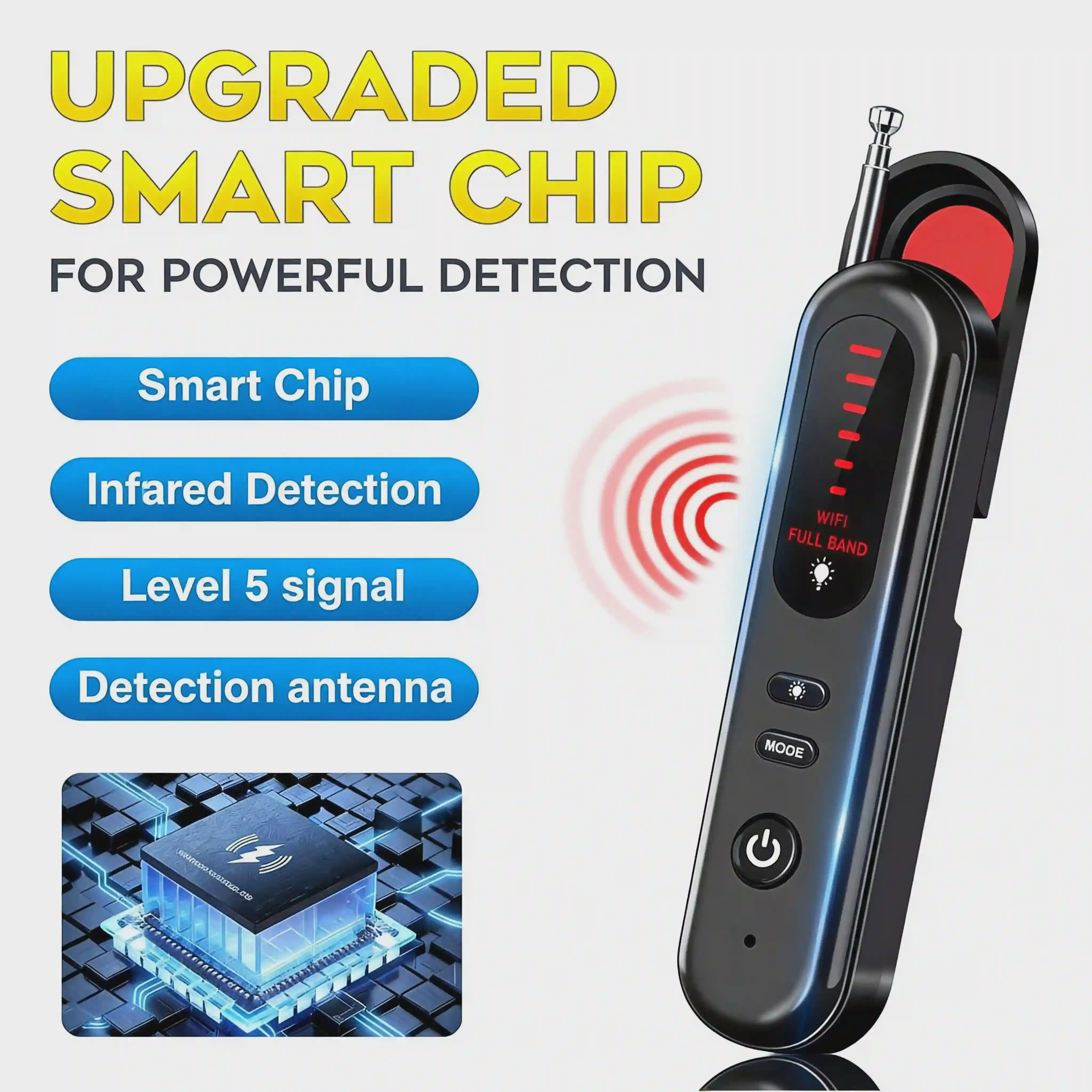 Portable ABS Button-Controlled Hidden Camera Detector Device, 6.5GHz Wide Band RF Wireless Signal Scanner with Infrared Lens Detection, 3 Multi-Mode Settings, 5-Level Sensitivity, 500mAh Type-C Rechargeable for Home & Travel Privacy Protection