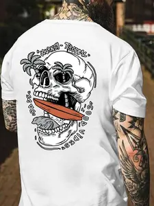 Tropical Skull Surfing Graphic T-Shirt, Edgy Skeleton Beach Back Print Tee, Good Vibes Journey Surf Shirt, Men's Casual Summer Punk Rock Top, Tropical Vacation Gift