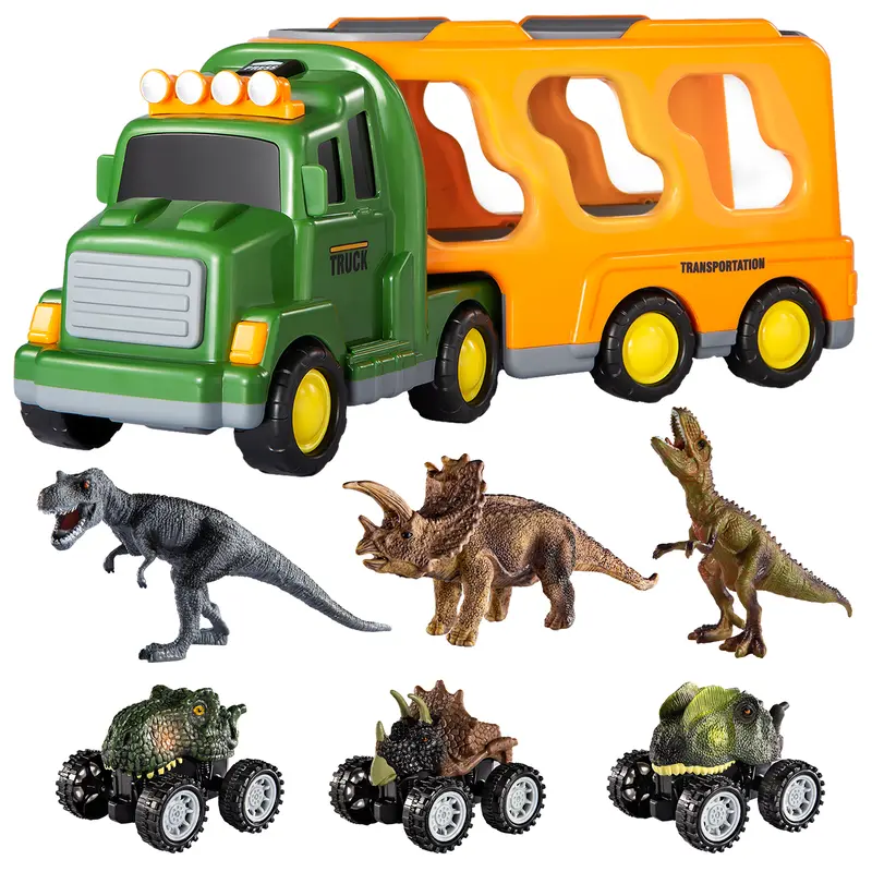 7 in 1 Dinosaur Transport Truck Toy Gifts with Mini Dinosaur lover Figures and Race Cars with Lights and Sounds Educational Play Set for Kids Birthday Christmas