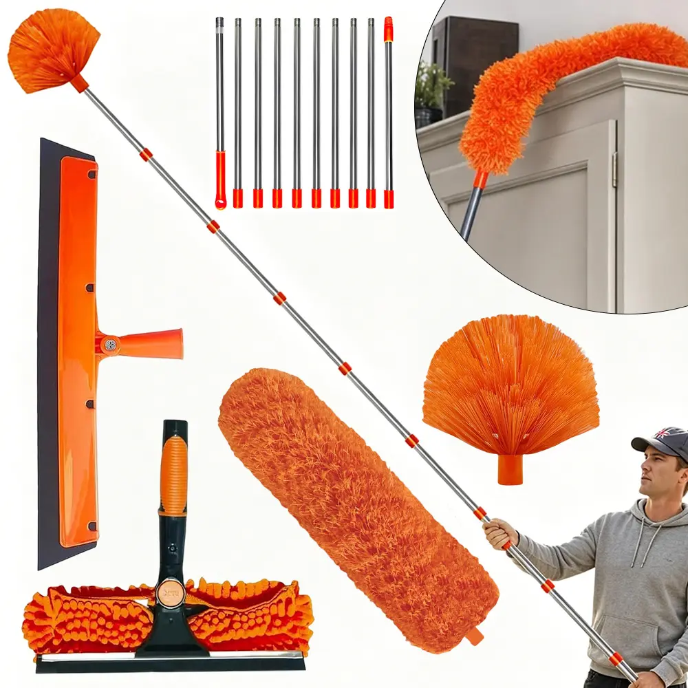 [Summervibes] 1 Set Dust Removal Brush Kit for Heights Over 20 Feet,Featuring a Connectable Pole Ranging from 3 to 14 Feet,Ideal for Cleaning High Ceilings And Window,with Washer & Squeegee,Cobweb Duster,Hand Tools Kits