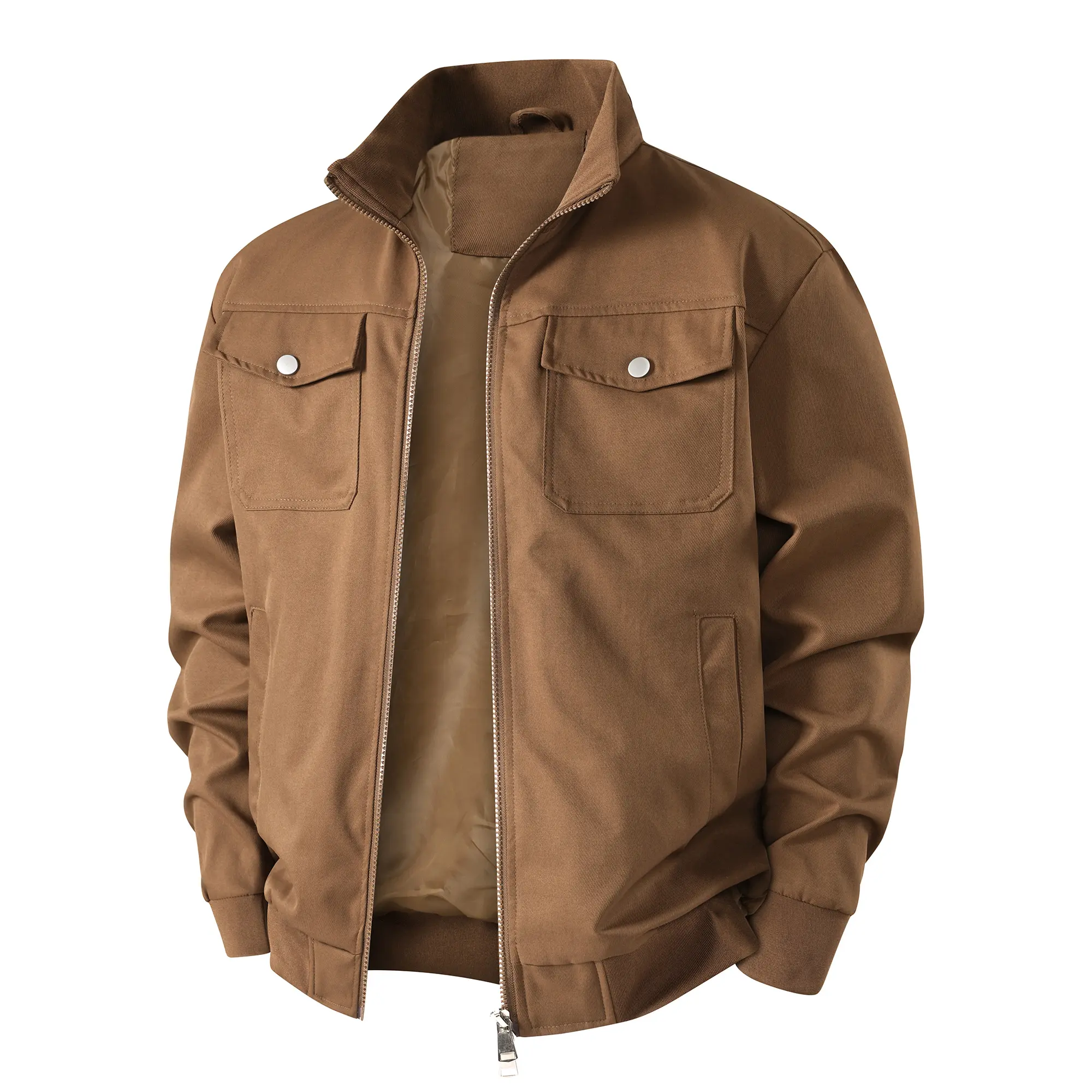 Men's Brown Stand-Collar Long-Sleeve Medium-Length Cargo Bomber Jacket - Multi-Pocket Full-Zipper Lightweight Workwear Outerwear for Street Casual Menswear Tops