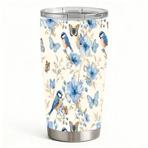 20oz Blue Bird and Butterfly Floral Pattern Stainless Steel Tumbler， Tumbler with Lid Double Wall Vacuum Insulated Travel Mug