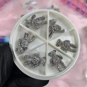 6 pcs Movable Silver Teddy Bear Charms with Rhinestones for Nails Art Designer