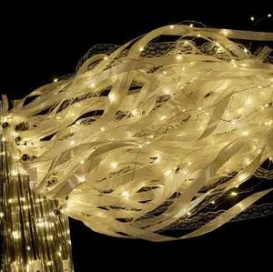 48pcs Wedding Sparklers Send Off，Wedding Streamers Light Up Fairy Ribbon Wands White Glow Sticks with Bells for Reception Birthday Led Dark Party Wedding Church Exit Prop Recessional