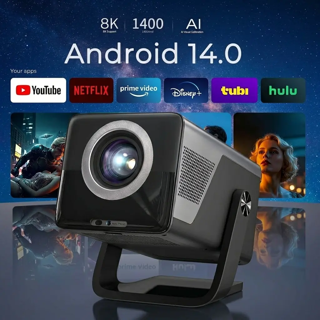 LynCast LCD Smart Projector, Native 1080P UHD with Android 14 OS, 8K Support, 1400 ANSI Lumens, AI Visual Calibration, Hi-Res Audio, Auto Focus & Keystone, WiFi 6, Bluetooth 5.4, 200" Screen for Home, Outdoor Use, Lcd Screen, Home Use
