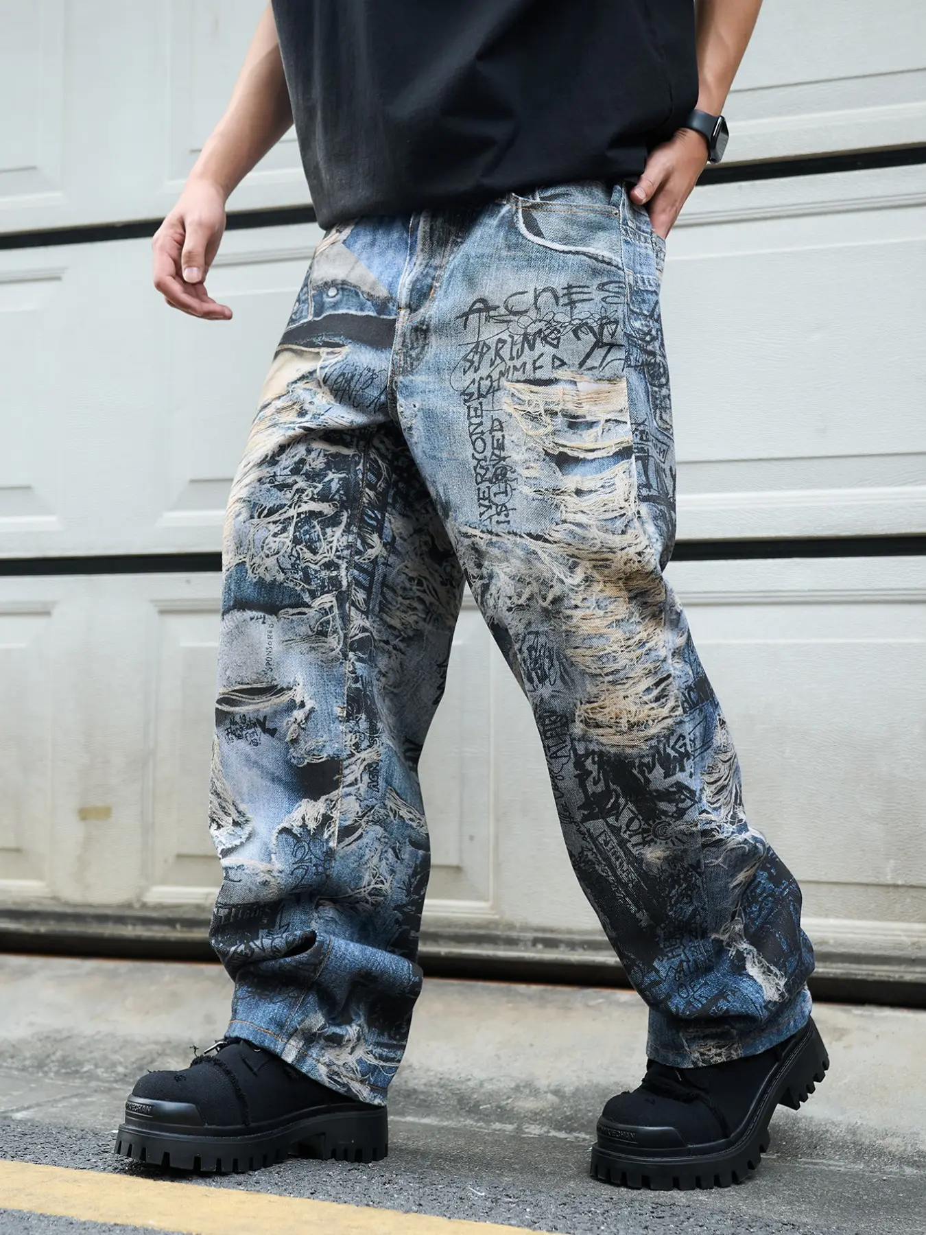 Men's 3D Printed Wide Leg Relaxed Fit Jeans, Casual Street Style, Comfortable Cotton Fabric, Button Fly, Floor Length, All Seasons Wear, Streetwear