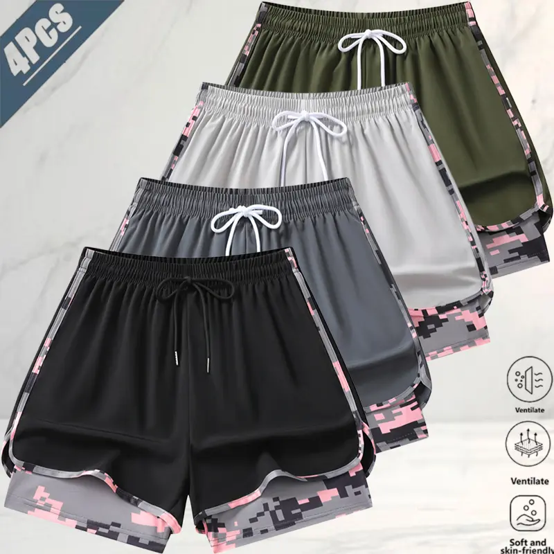 4-pack men’s faux two-piece quick-dry shorts designed to prevent accidental exposure; American professional running/fitness style. Ice-cool, breathable, skin-friendly fabric that feels cool, wicks sweat, doesn’t feel sticky, and won’t bind. Elastic drawst