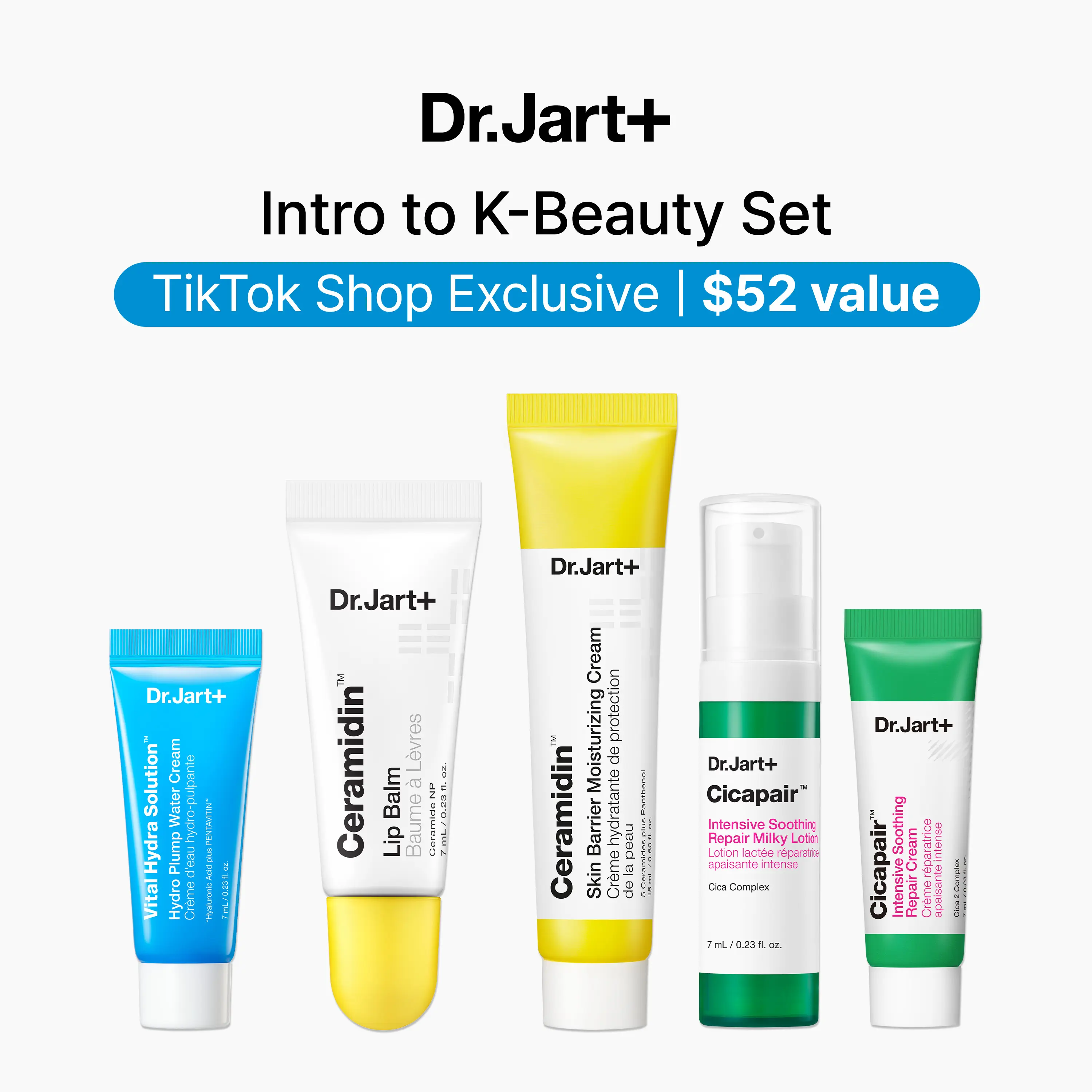 Dr.Jart+ Hydrating Glow Starter Set | 5 Korean Skincare Minis for Glass Skin | Ceramidin, Cicapair & Vital Hydra Bundle