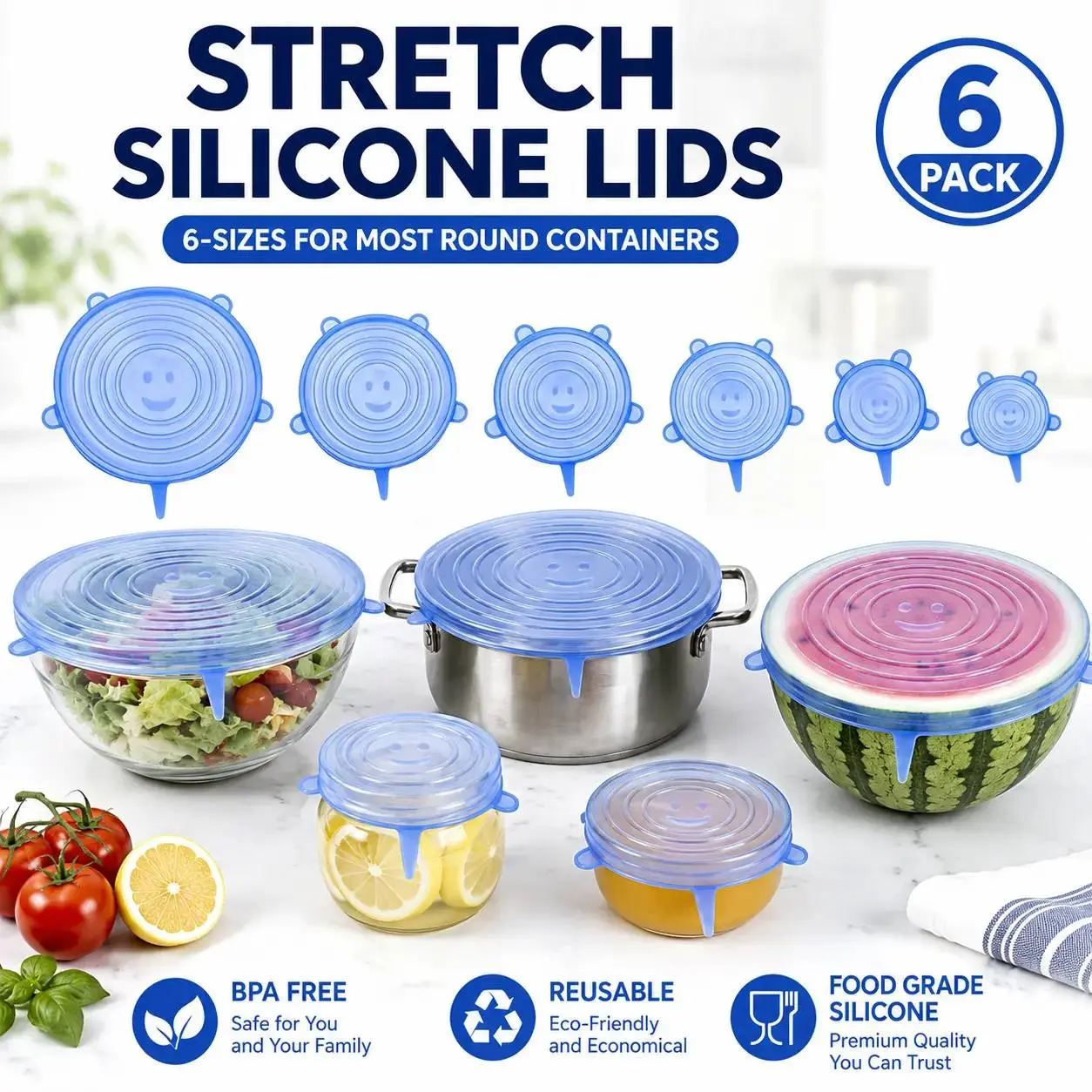 6pcs Reusable Silicone Stretch Lids for Kitchen Food Storage - Elastic Heat-Resistant Stackable Covers for Fridge Bowls, Cups, Cans, Jars - Universal Food Grade Lids for Round, Rectangle Containers - Dishwasher Safe