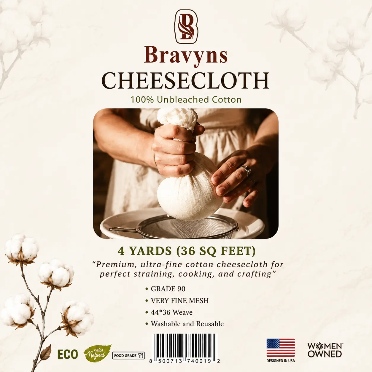100% Unbleached Cotton Cheesecloth (Grade 100, 4yd/36sq ft) - Washable Reusable Home Care Cleaning Cloth for Straining, Cooking, Jelly Making