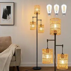 DEMILARE Boho Rattan Weave 3-Cylinder Shade Standing Floor Light - Farmhouse Rustic Adjustable Lighting Indoor Decorative Light for Living Room, Bedroom