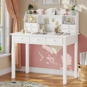 ADORNEVE 36.2-Inch Writing Desk with 7 Drawers, Hutch & Solid Pine Wood Legs – Student Learning Desk, Tabletop Workstation, Stylish Makeup Vanity for Home Office