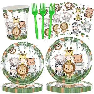 Jungle Animal Party Decoration Set with 60/100 Pieces, Animal Theme Paper Plates and Napkins, Perfect for Zoo Themed Birthday Parties for 10/20 Guests