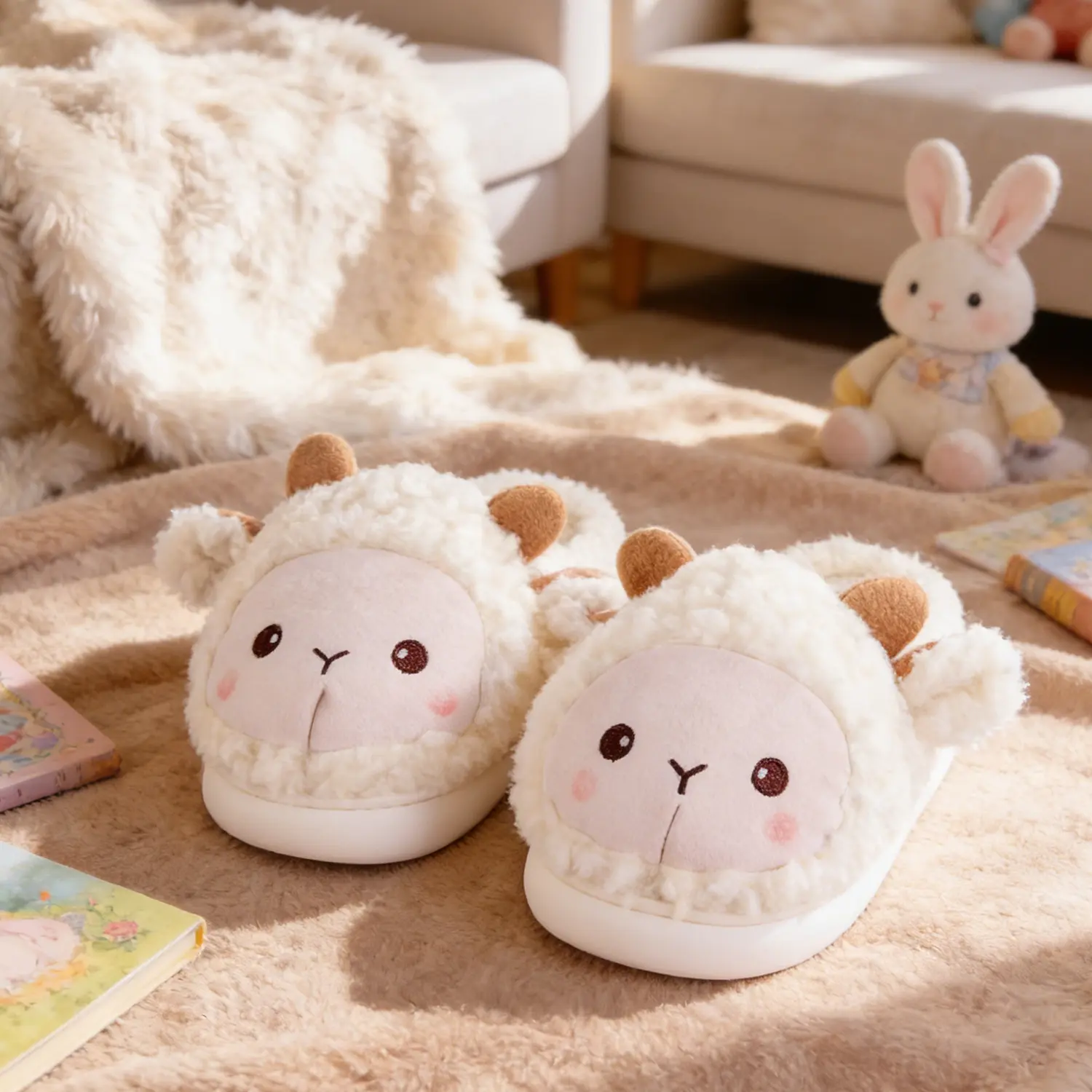 Women's Sweet Snuggly Sheep Plush Slippers - Animal Design Indoor Home Footwear, Cozy Gift Option, Fabric, Animal Print, Slip On, Tpu, Casual, Cloth, Adorable Look, Cute, Indoors, No, Shoe, Soft Cloth