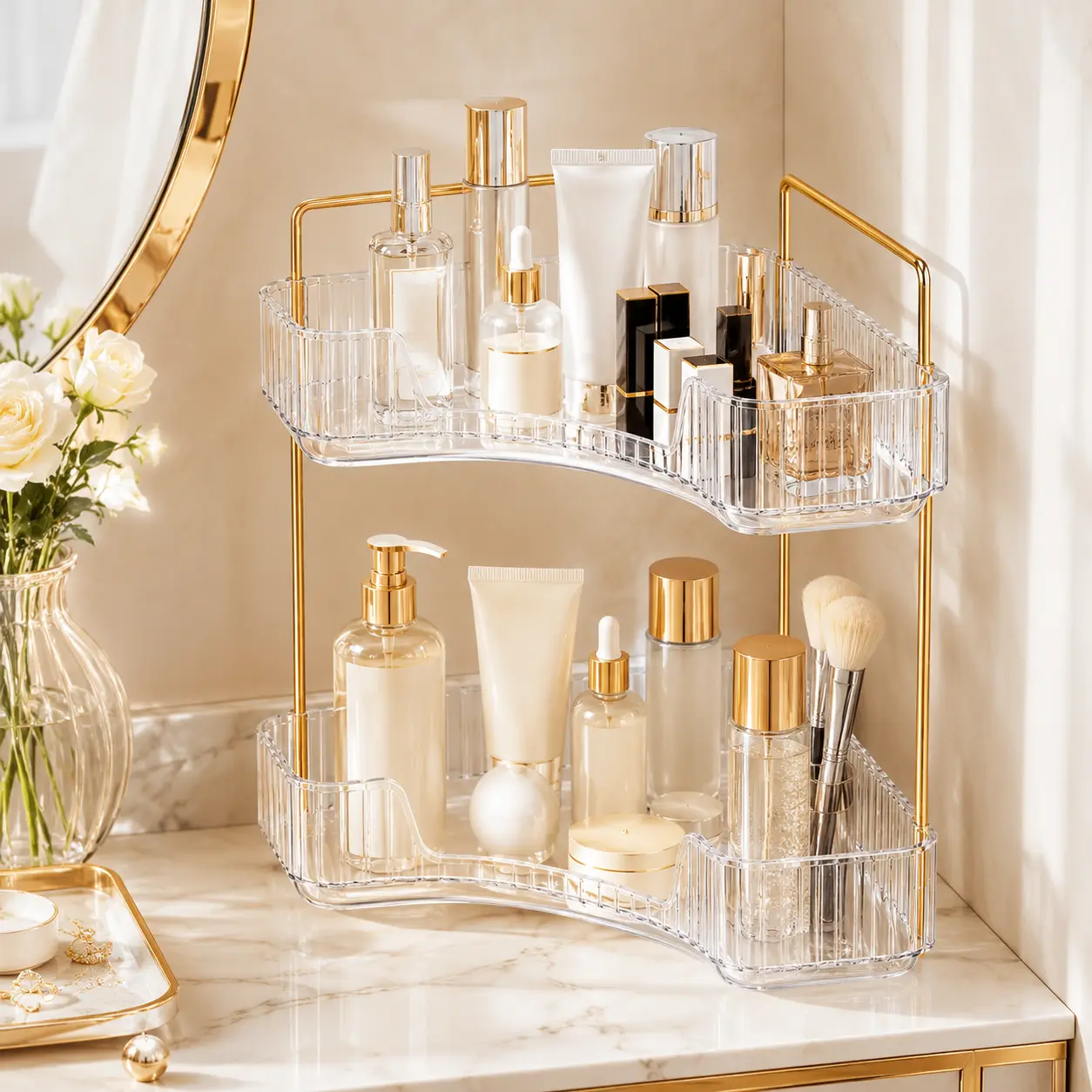 2-Layer Gold Compact Multifunctional Corner Bathroom Tabletop Organizer Storage, Home Supplies Rack with Perfume Tray, Skincare Open Shelves & Beauty Holder for Vanity Accessories, Bathroom Accessories, Room Storage