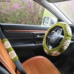 Boho Crochet Flower Steering Wheel & Seat Belt Cover Set - Green & White Floral Knit Car Accessories, Steering Wheel Cover, Whimsical Stuff for Cottagecore Car Decoration Charm