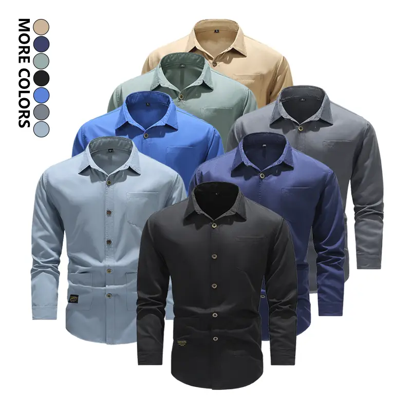 Menswear Men’s Solid-Color Long-Sleeve Turn-Down Collar Button-Up Shirt - Multi-Pocket Casual Street-Style Workwear for Everyday Casual Wear, Office Commuting