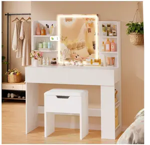 Vanity Desk Set with 3 Colors LED Lighted Mirror, Makeup Vanity with Stool, Storage Shelves and Drawers, Vanity Table Dressing Table for Bedroom, White