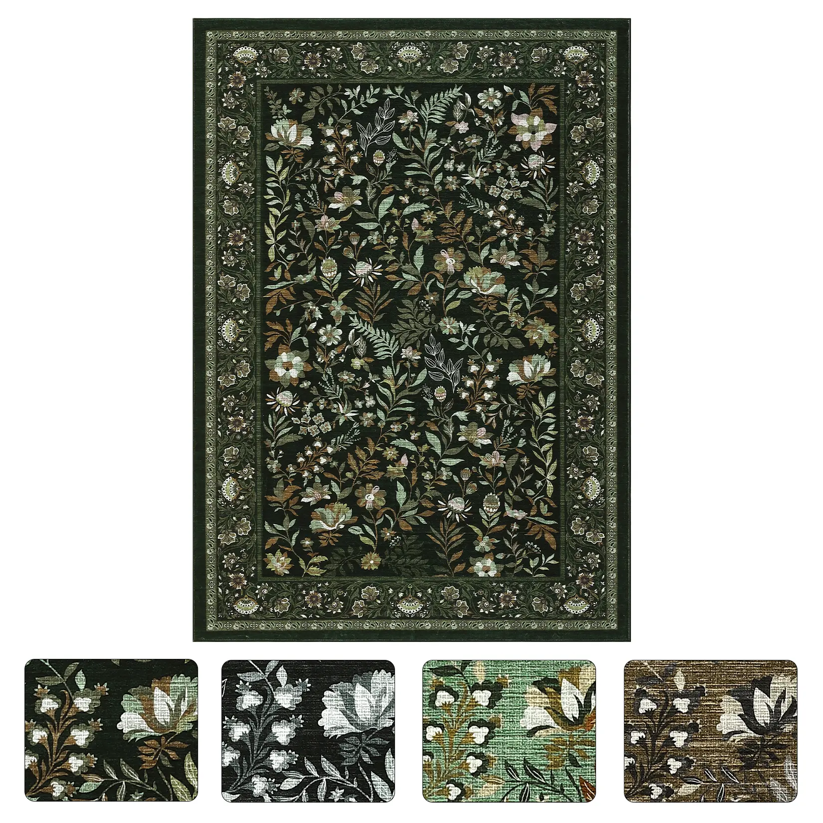8x10 ft Dark Green Polyester Rectangular Flower Rug - Durable, Foldable, Aesthetic Machine Washable Home Decor Rug for Living Room & Bathroom Entryway, Machine Washable Rug
