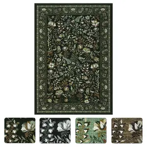 9x12 ft Dark Green Polyester Rectangular Area Rug, Floral Print, Modern Design, Foldable, Washable Material, Ideal for Hallway and Bathroom