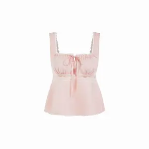 Cider Satin Square Neck Drawstring Lace Trim Tank Top