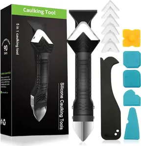 Silicone Caulking Tool, 5 in 1 Caulking Sealant Finishing Tool with Grout Scraper, 6 Exchange Silicone Pads, Adhesive Residue Scraper Seam Repair Kit for Kitchen Bathroom