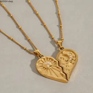 Matching Sun & Moon Heart Split Necklaces, Gold Plated Magnetic Set for Couples/BFFs, Waterproof, Perfect for Anniversaries, Matching Outfits & Long-Distance Love