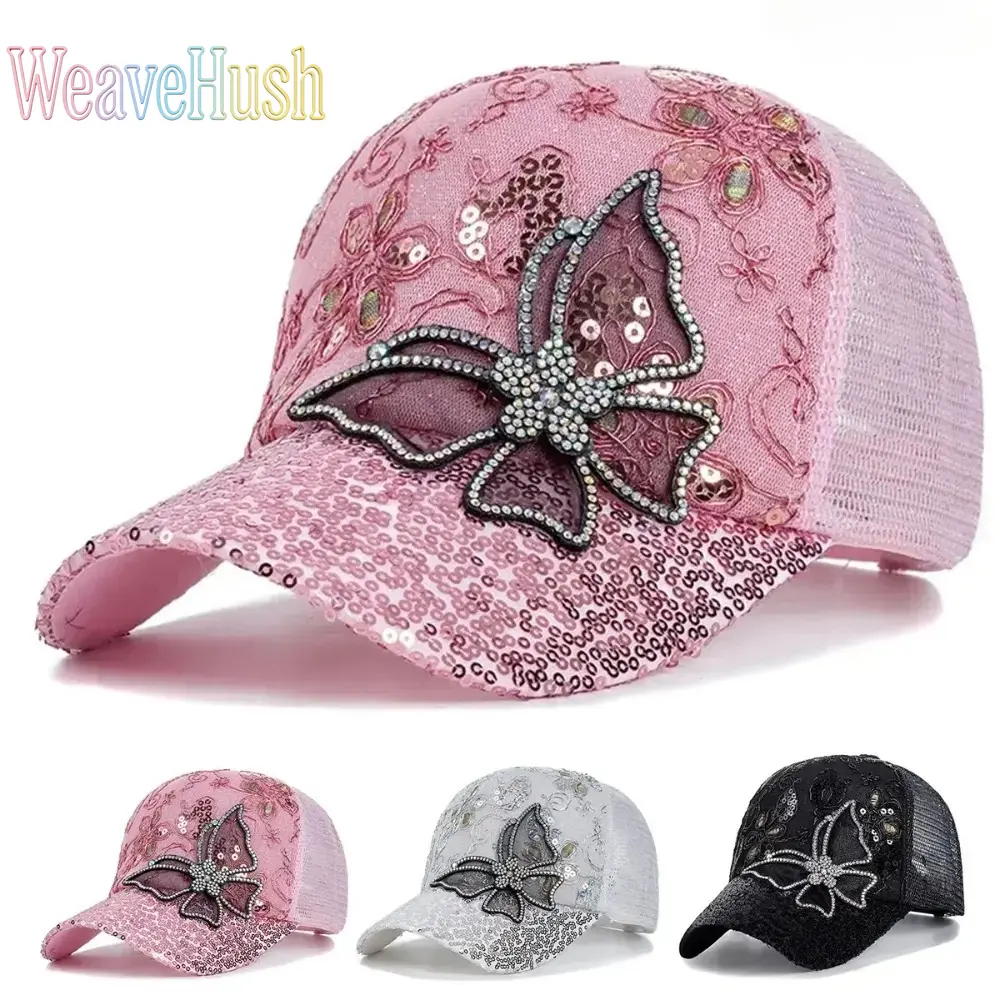 Women's Statement Trucker Hat with Glitter Butterfly Lace, Lightweight Breathable Mesh Back for Summer & Beach Sports, Statement Cap, Trucker Style Hat, All Seasons, Unisex, Glamorous Sports & Outdoor Hats