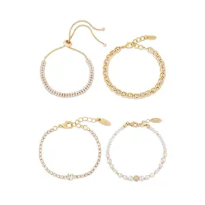 Ettika The Ultimate Pearl & Crystal Bracelet Stack 18kt Gold Plated Brass Steel Set of 4 Adjustable 5.5-6.5" with 1" Extenders for Adults