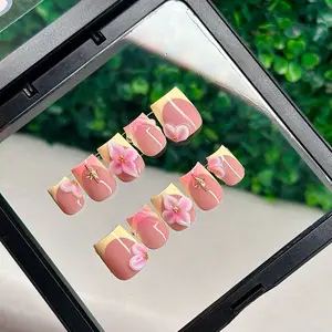 ACRYLIC Yellow Pink Gold 3D Flower Ombré Spring Summer High Quality Handmade Press On Nails Short Medium Long Square Almond Coffin Stiletto