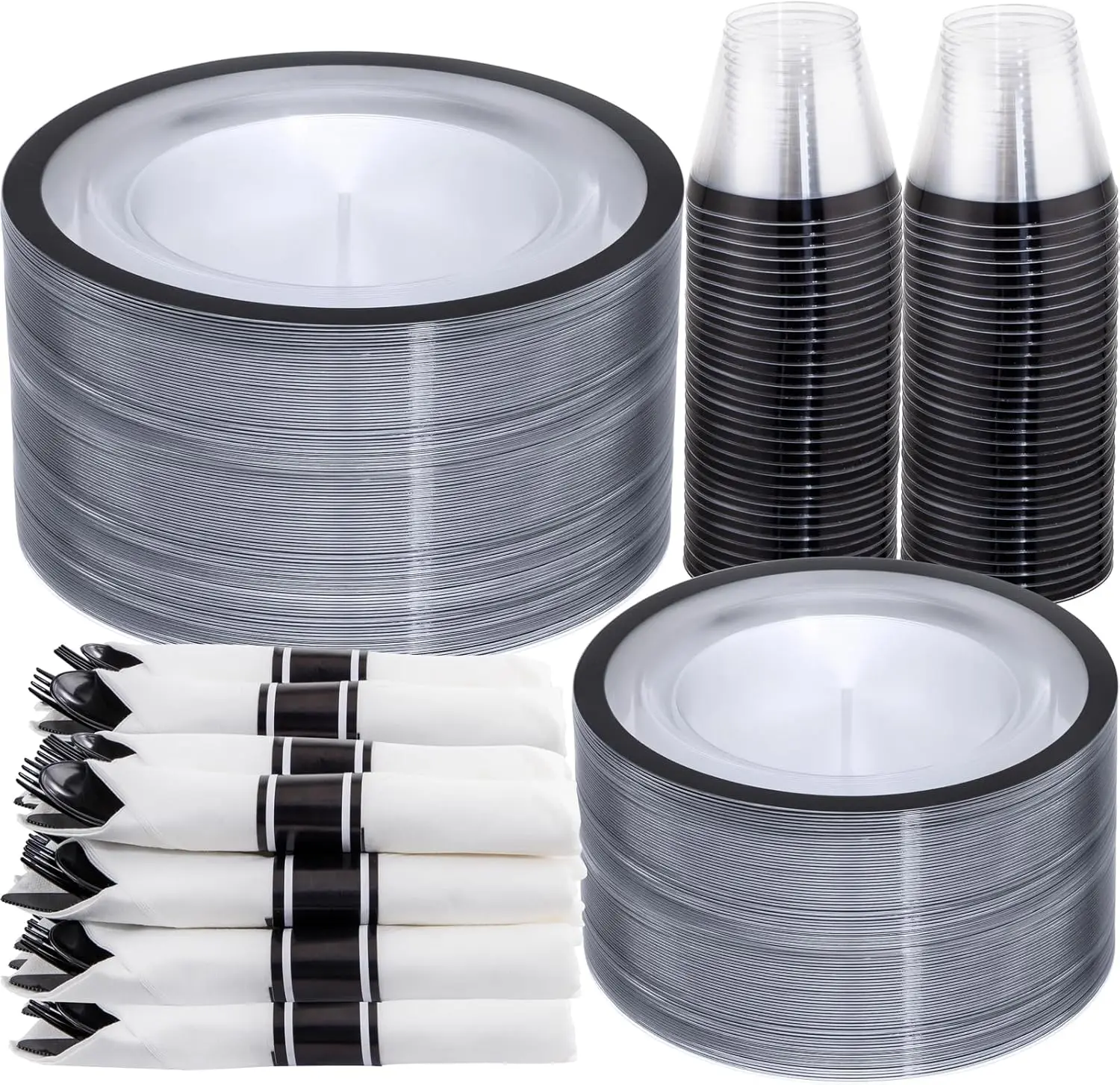 I00000 210 Pcs Clear and Black Plastic Plates,Black Dinnerware Set, Include  Dinner and  Dessert Plates, Plastic Cups,50 Pre Rolled Napkins with Cutlery for Graduation,Party