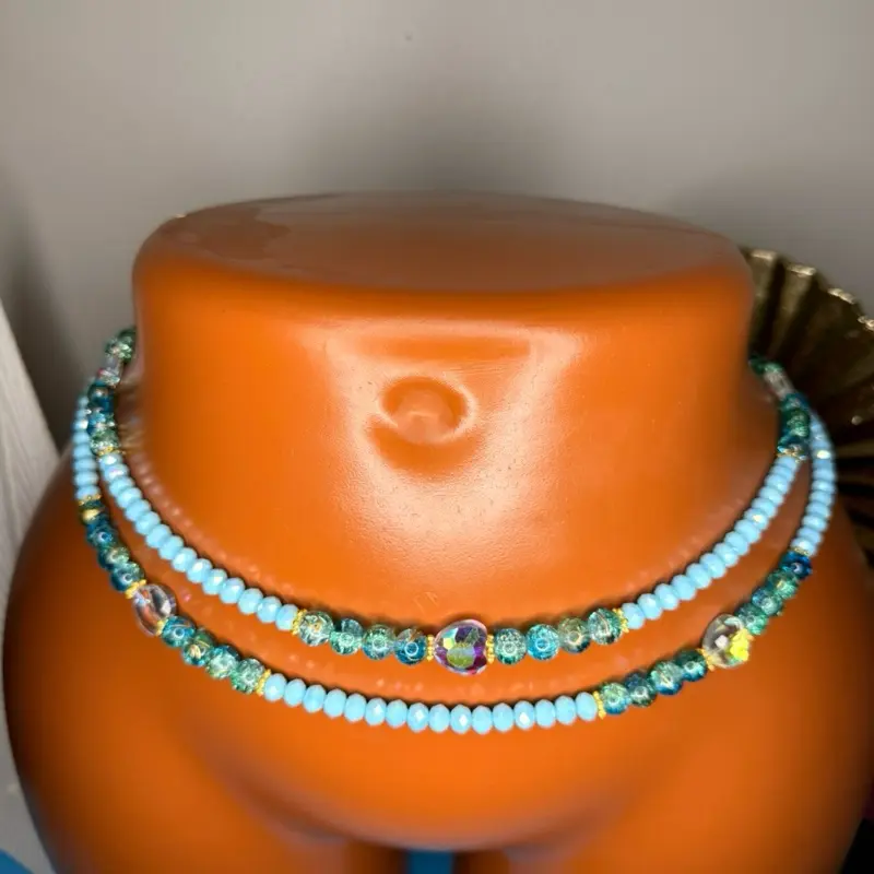 MAKD by Satousha Azure Nia Traditional Senegalese Waistbeads for Women, Ethnic Glass Bead Body Jewelry with Shimmer Crystals, Ocean Tones, Traditional Craftsmanship, 1 Strand Fertility Accessory
