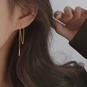 Fashionable Long Tassel Chain DDES0658 Women's Elegant Simple Earrings 14K Gold-Plated