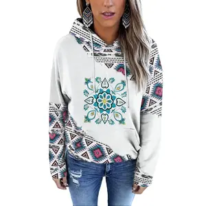 Women's Aztec Geometric Print Hoodie - Bohemian Mandala Floral Patchwork Long Sleeve Hooded Sweatshirt with Drawstring & Kangaroo Pocket, Casual Loose Fit Ethnic Tribal Style Pullover Top for Daily Wear