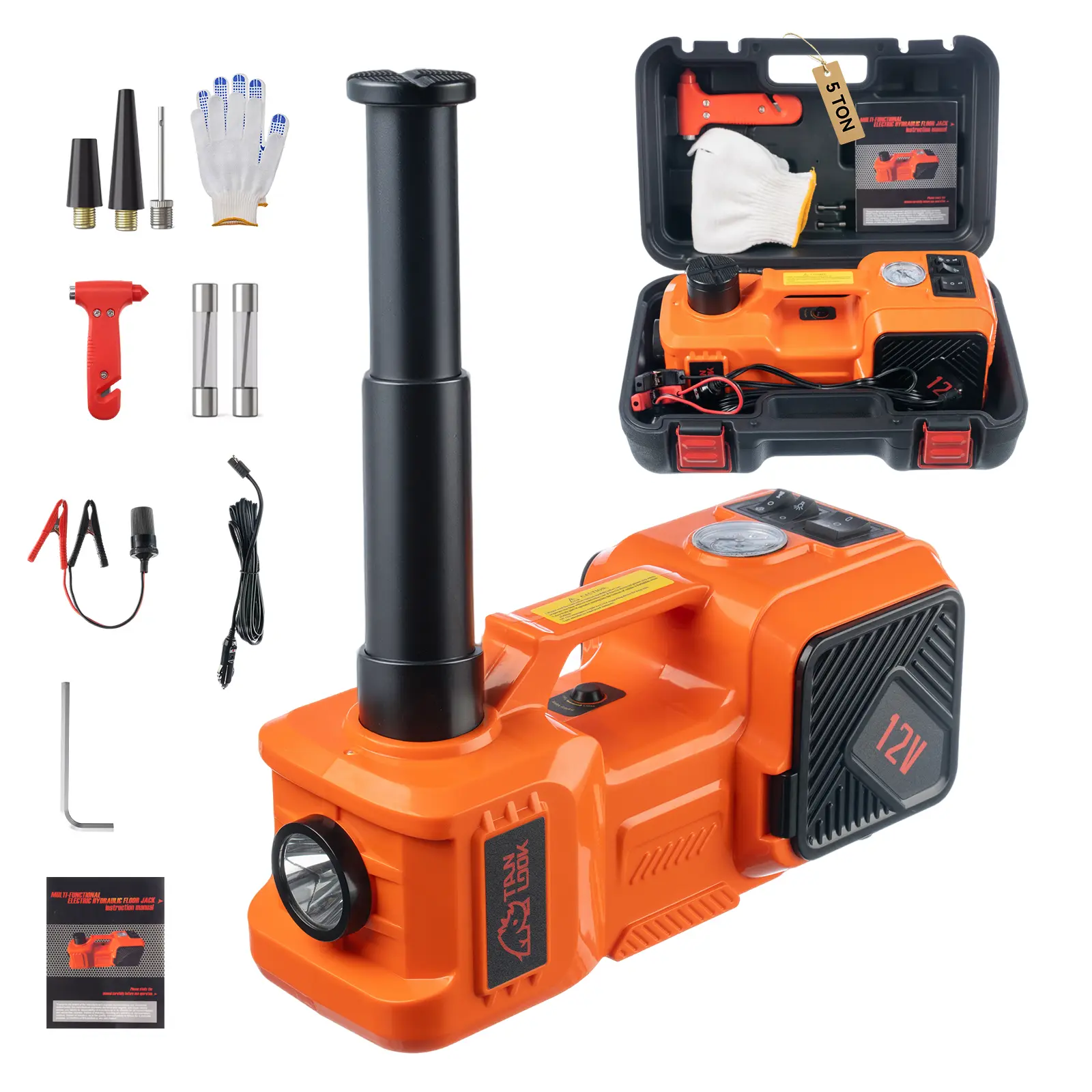 TANLOOK 5t Hydraulic Electric Jack - Household Portable Emergency Tire Repair Hydraulic Lifts with LED Light, Air Pump, Multi-functional Tire Changer for Car, Vehicle Emergency Needs (Fits Various Car Models)