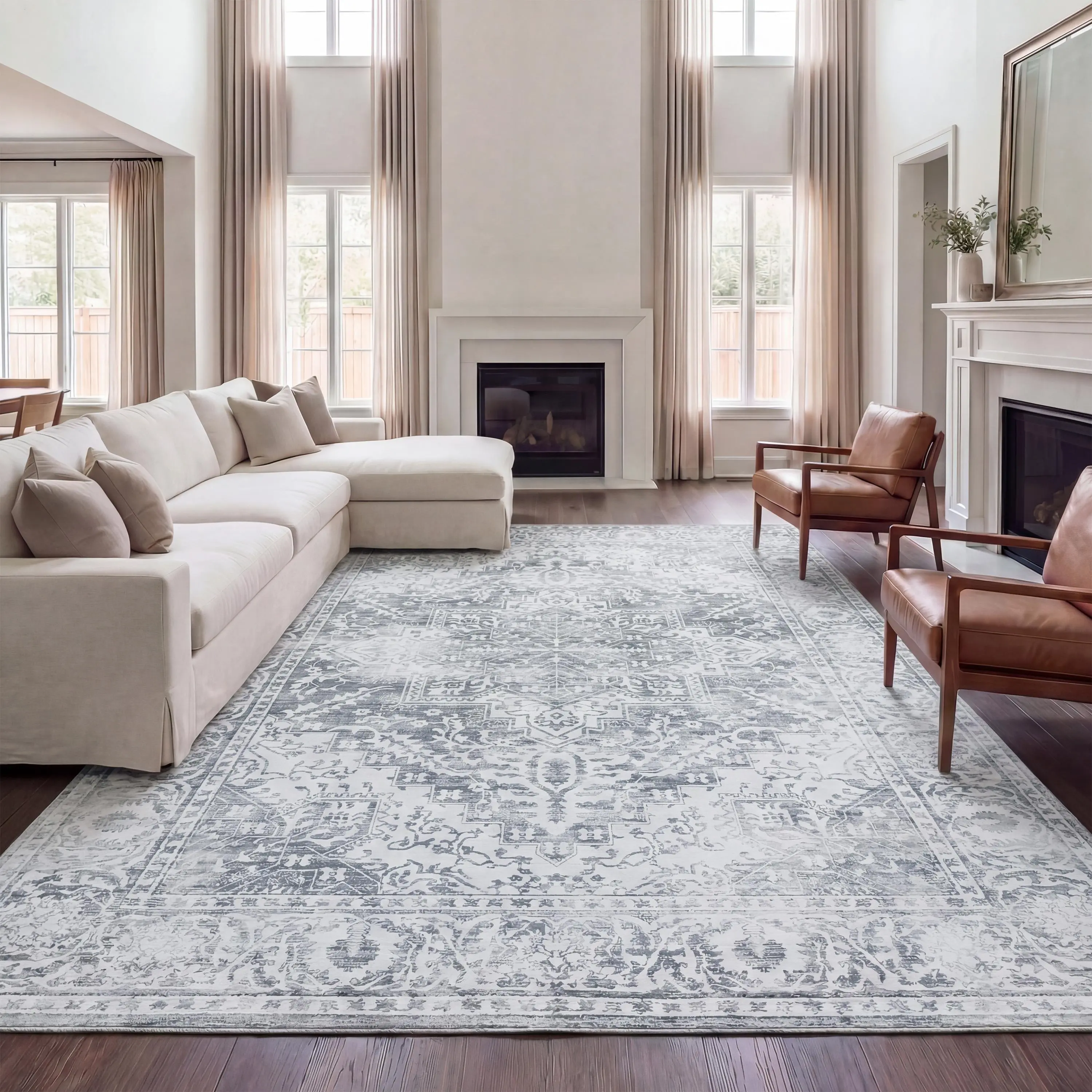 Eleanor Vintage Medallion Border, Ultra-Soft Machine-Washable Rug with Non-Skid Backing, Non-Shedding, Velvet Luxury Feel for Living Room, Dining Room, Bedroom
