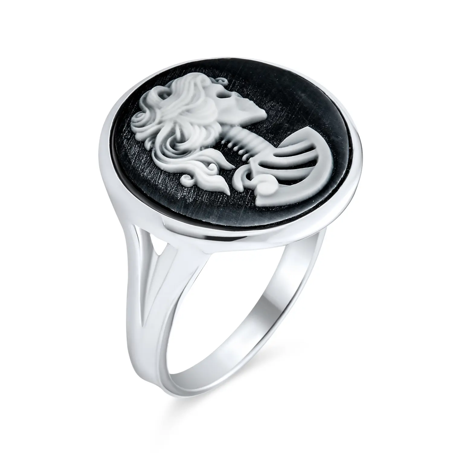 Vintage Black White Cameo Silver Ring Punk Rock Biker Jewelry Sterling Unique Rings Solitaire Engagement Rings
