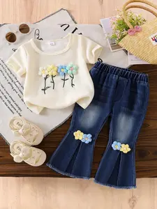 Boho Style Baby Girl 2-Piece Set, Multi-Color Floral Knot Decor, Round Neck Short Sleeve Top, Frayed Bell Bottom Jeans Pants, Baby Girl Clothes