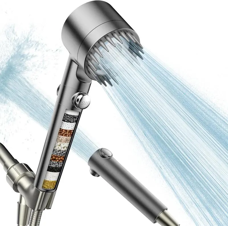 Filtered Shower Head with Handheld, High Pressure Water Flow and Multiple Spray Modes Shower Head with Filter, Power Wash for Hard Water, Showerhead with ON/OFF Switch for Pets Bath (Silver)，Turbo High Pressure Water Saving Shower Head