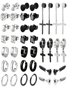 40Pcs Stainless Steel Earring Set - Sleek, Black and White Studs, Cubic Zirconia, Perfect for Men & Women, Casual Attire, Stud Earrings